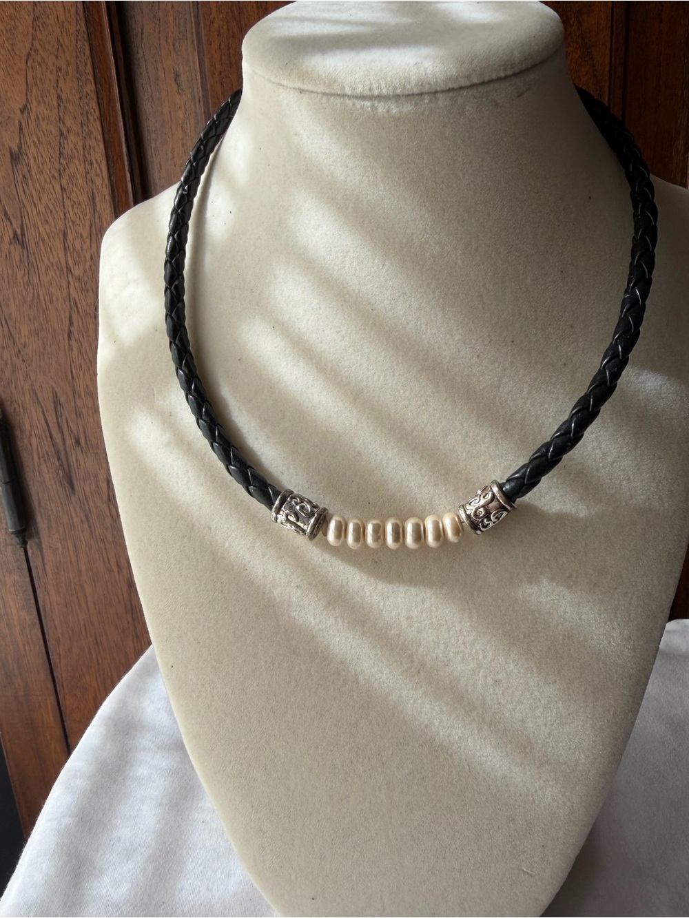 Premier Designs Black Braided Cord Necklace Faux Pearl Choker Silver Tone